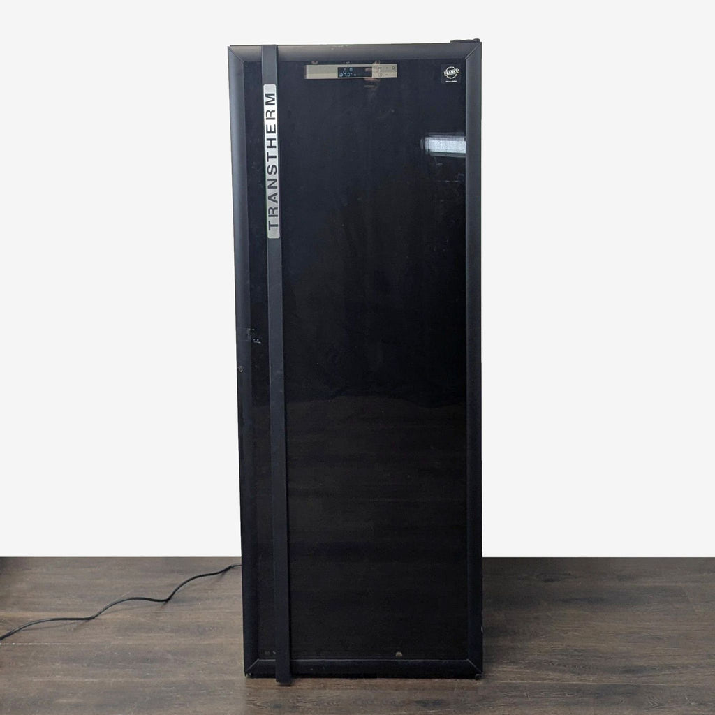 Sleek Transtherm wine cooler featuring multiple wooden racks and a clear digital temperature screen for organization.  