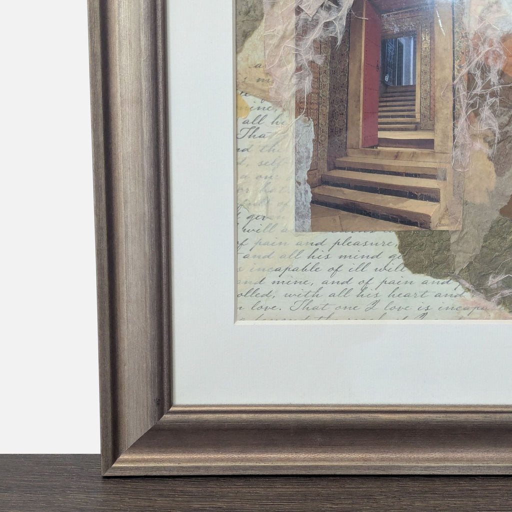 Art print of architectural stairways, textured collage, and handwritten script, framed and matted for display.  