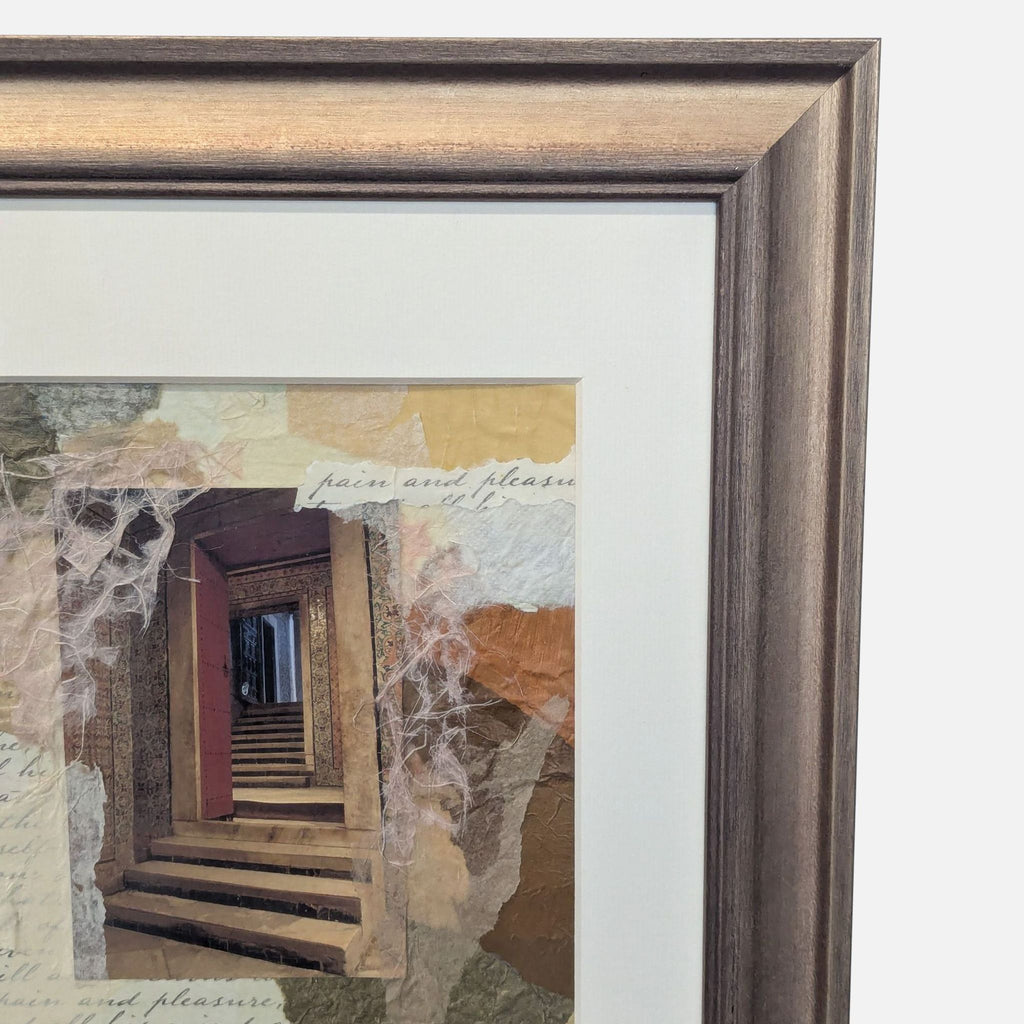 Framed print featuring stairway collage, artistic layers, and script, ideal wall decor for prints & maps lovers.