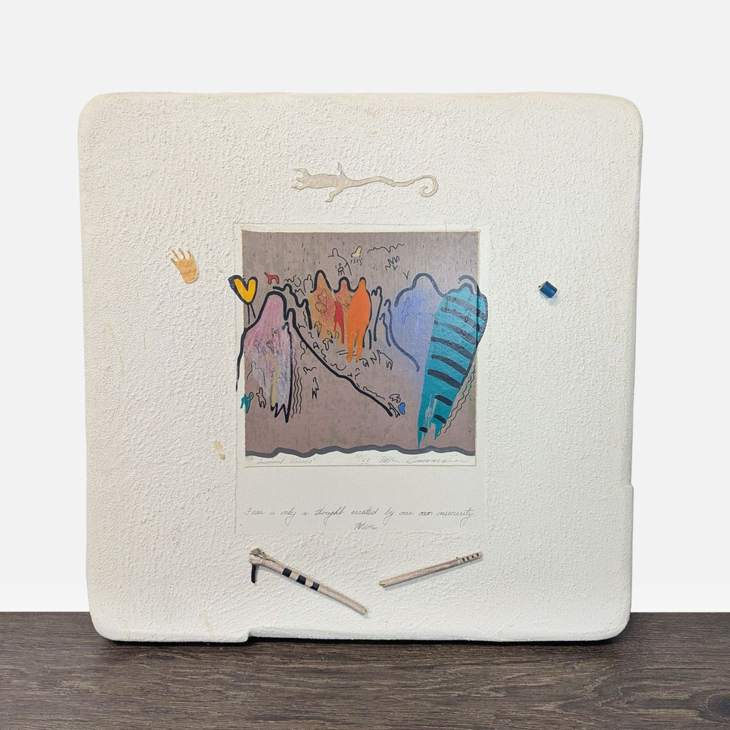 Colorful abstract mixed media artwork by Mary Alice Bernardin with mountain shapes and a hidden lizard detail.