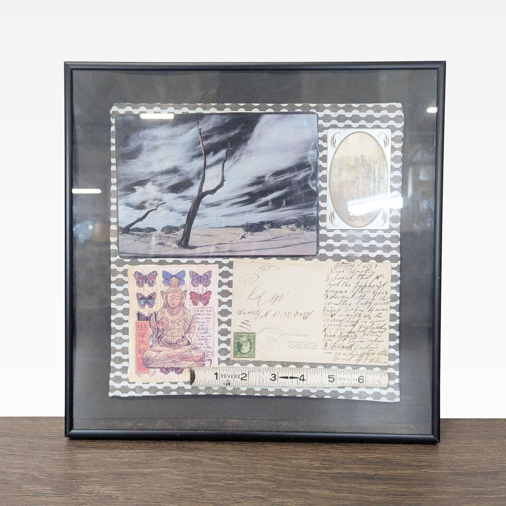 1. Framed mixed media collage with a black and white landscape, vintage photo, postcard, and colorful butterfly art.