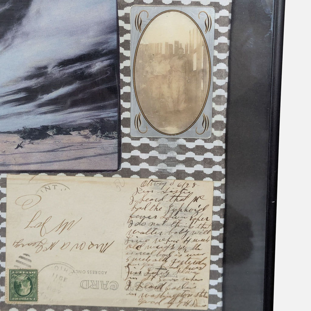 2. Close-up of collage details: sepia vintage photo, handwritten postcard, and dramatic monochrome landscape drawing.