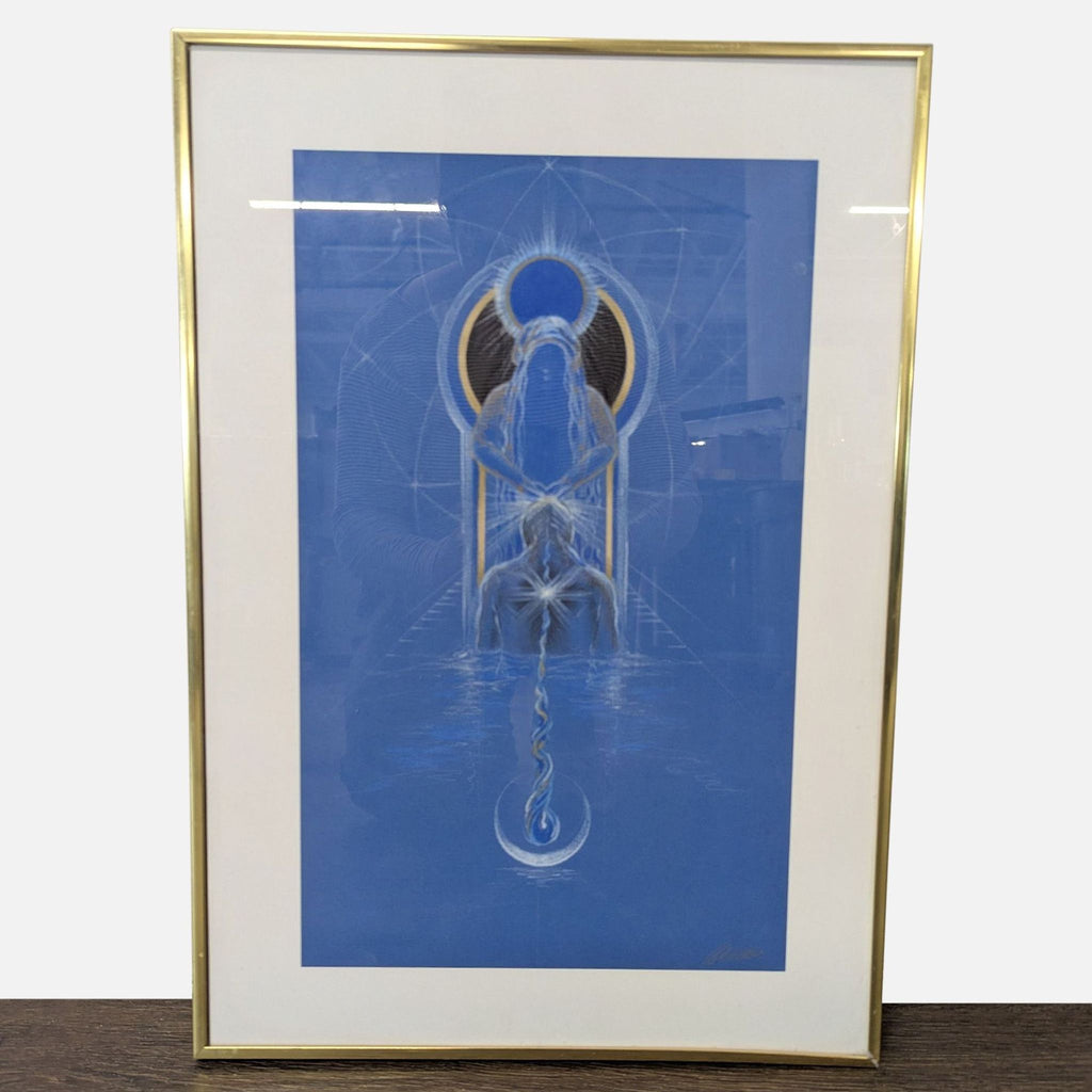 Two mystical figures outlined in white and gold on blue, framed with gold and white mat, spiritual art.