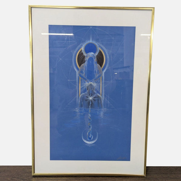 Two mystical figures outlined in white and gold on blue, framed with gold and white mat, spiritual art.