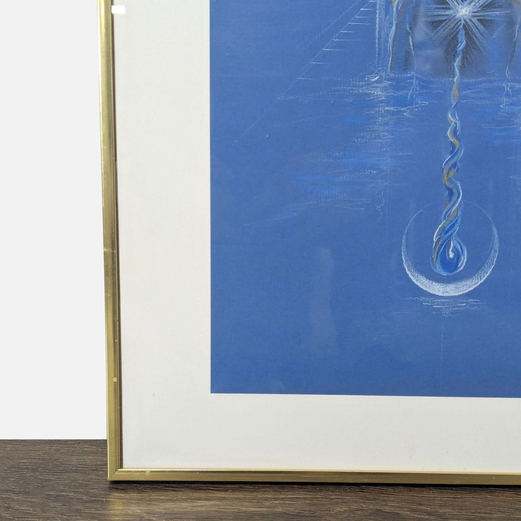 Mystical Blue Spiritual Drawing with Gold Accents in Frame
