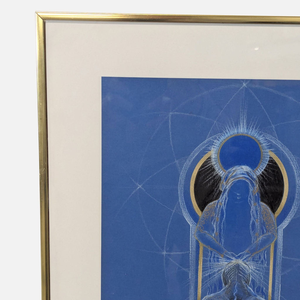 Mystical Blue Spiritual Drawing with Gold Accents in Frame