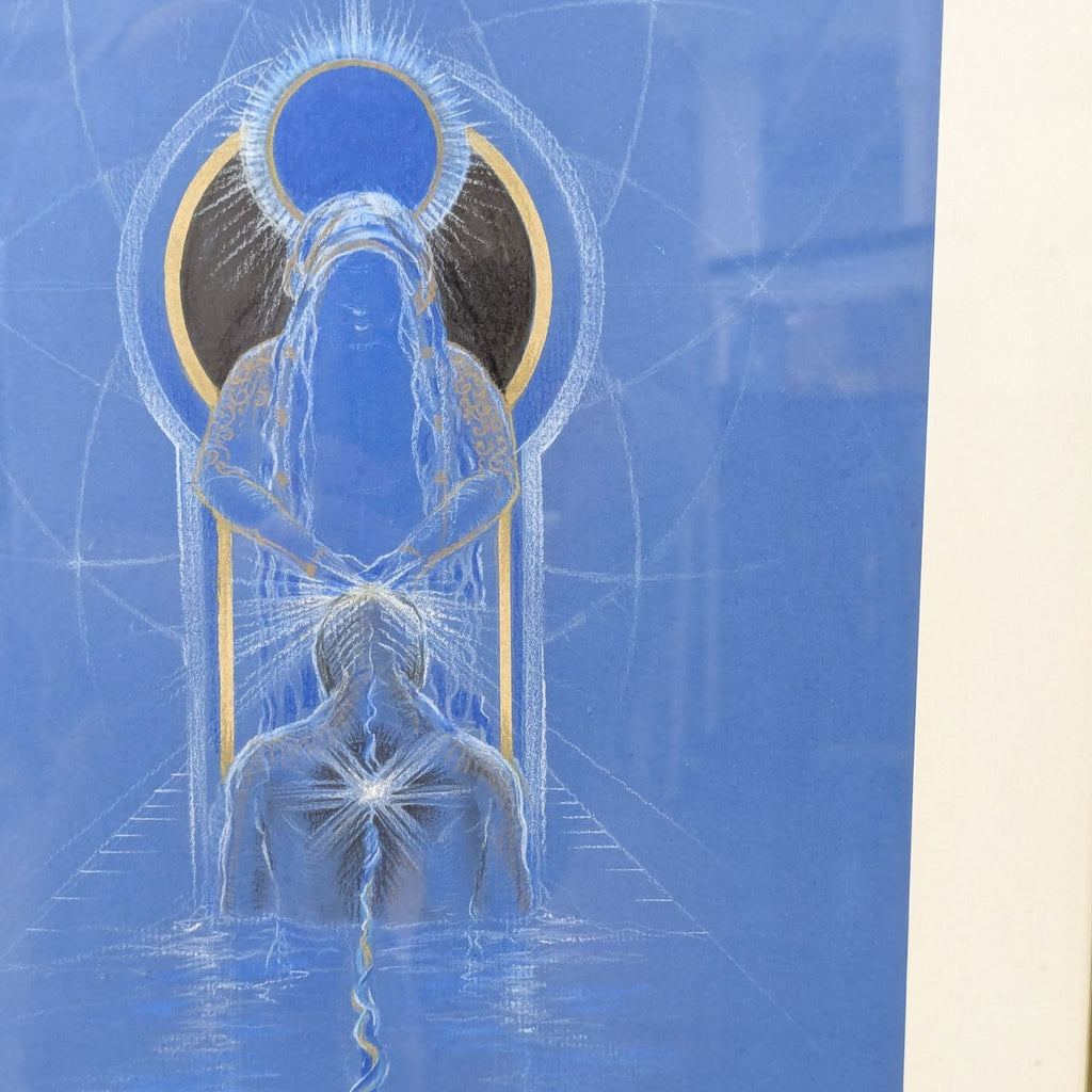 Spiritual drawing with white and gold figures against a blue background, gold-trimmed frame, ready to display.