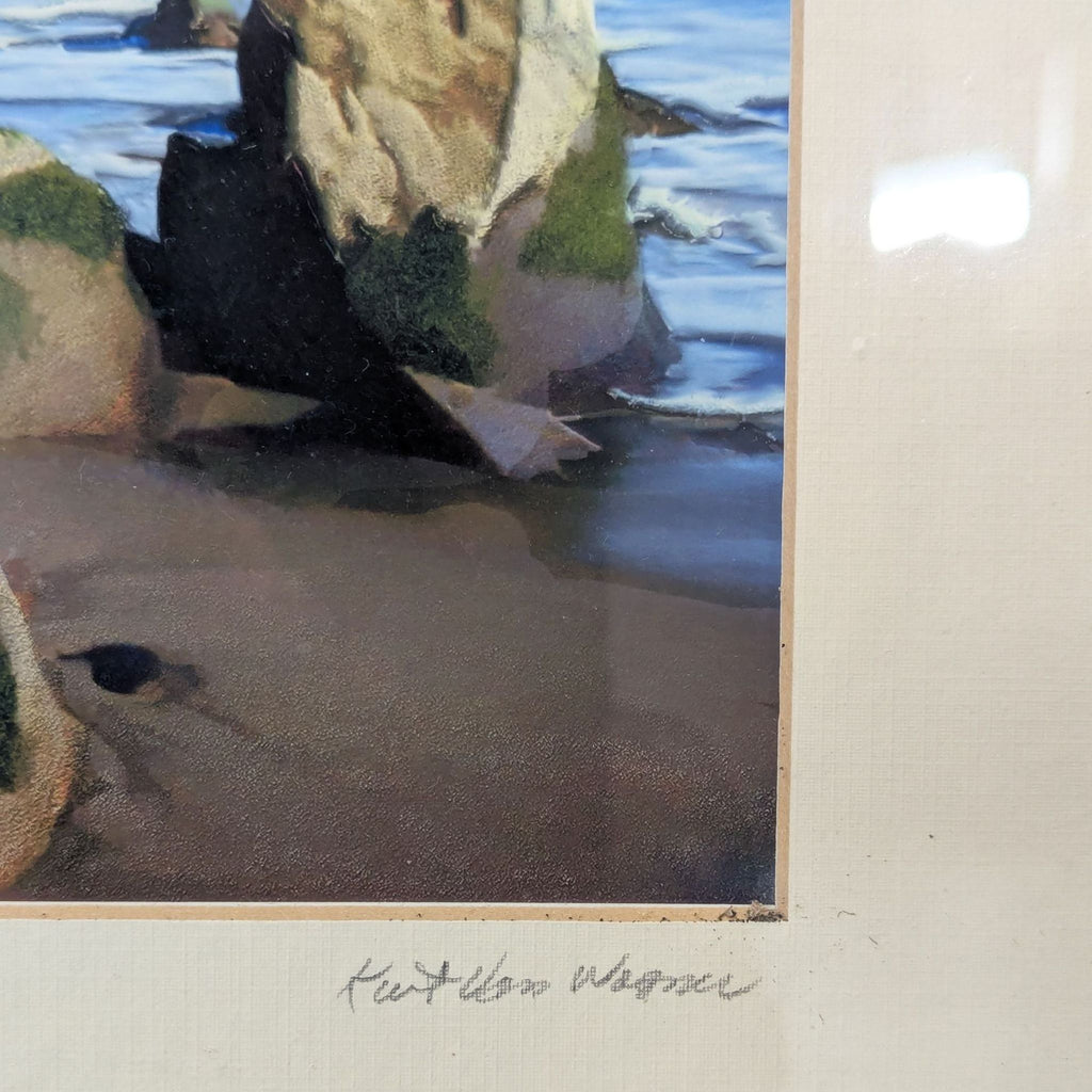 2. Close-up of the painting’s corner showing the artist Kurt Van Wegner’s signature on the matting.  