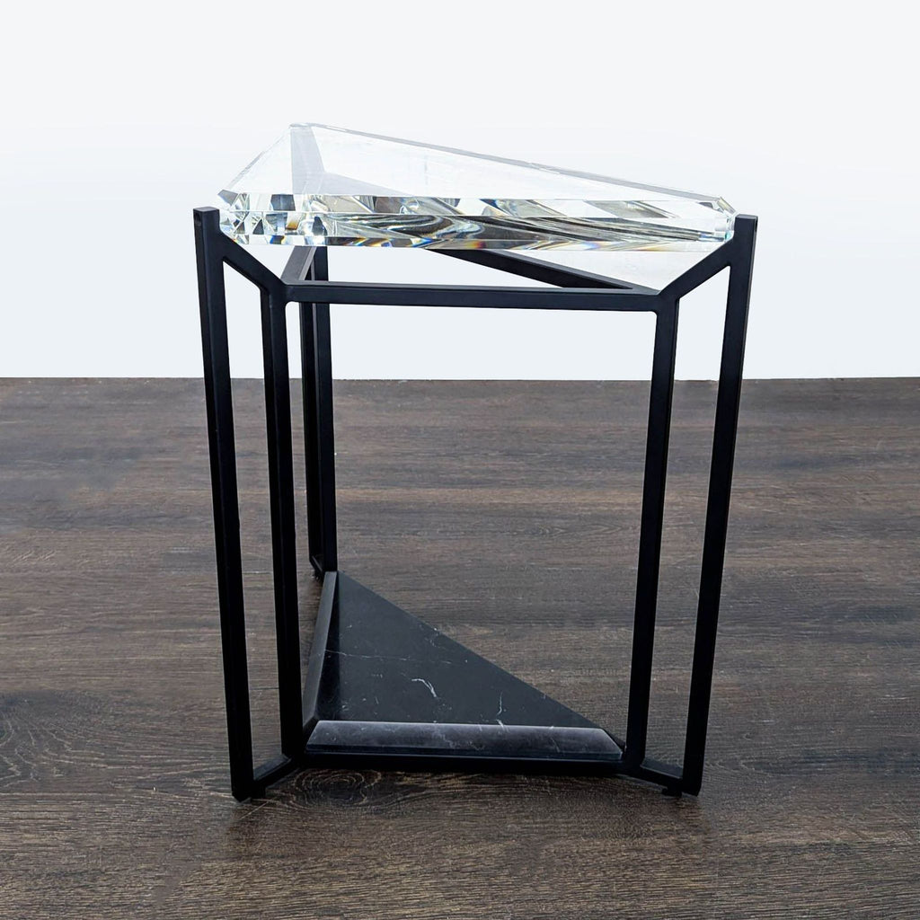 3. Medium Timothy Oulton console table featuring a faceted crystal top, metal frame, and marble base.