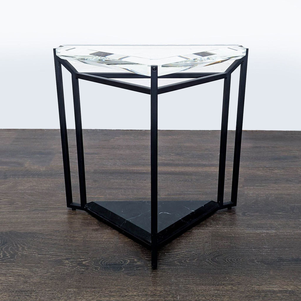 Pair of Timothy Oulton side tables: large and medium sizes with crystal accents on sleek metal and marble bases.  