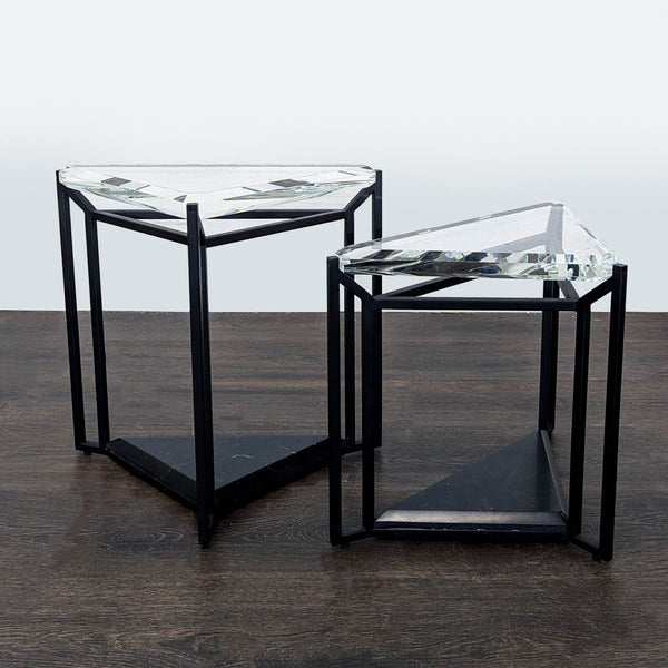Set of two Timothy Oulton accent tables with crystal tops, metal frames, and marble bases.  