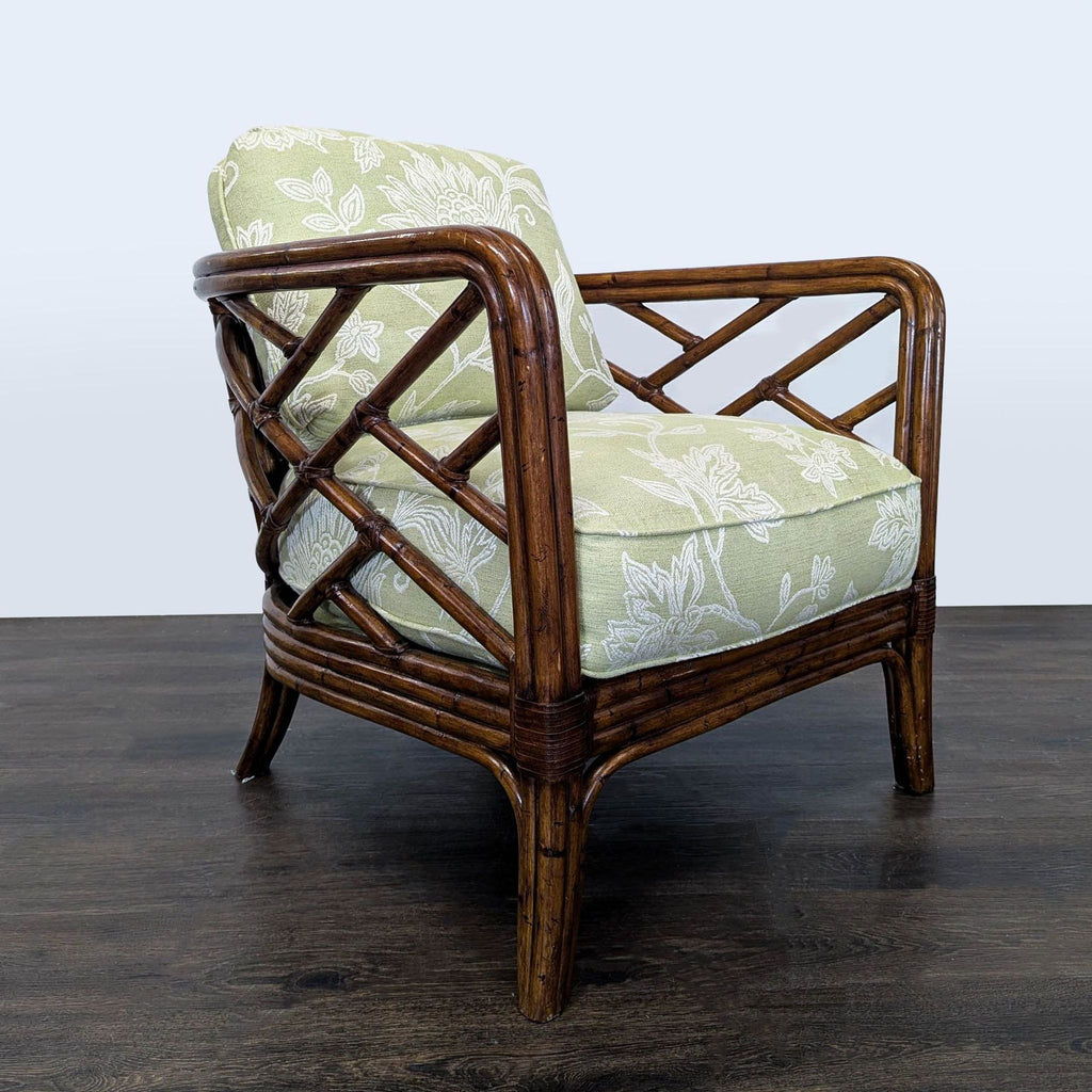 Rattan Lounge Chair with Floral Green Cushions