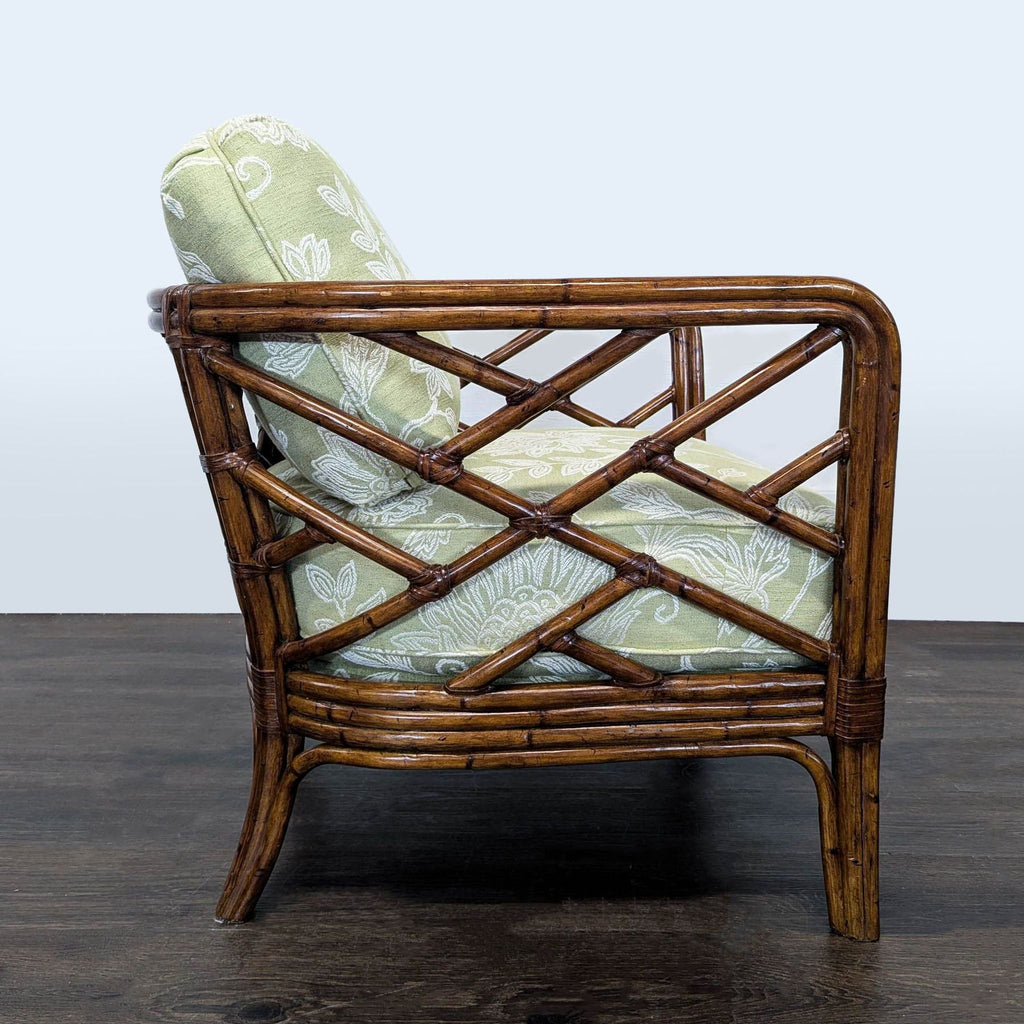 Rattan Lounge Chair with Floral Green Cushions