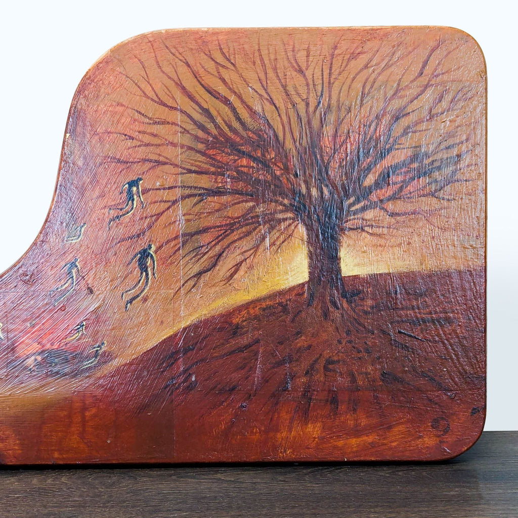 2. Closeup of a tree with bare branches on a hill at sunset, surrounded by surreal abstract figures and eyes.