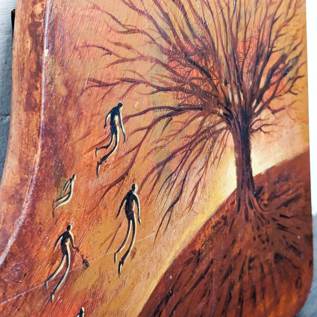 Original Surreal Art on Shaped Wood – Tree and Abstract Figures Painting