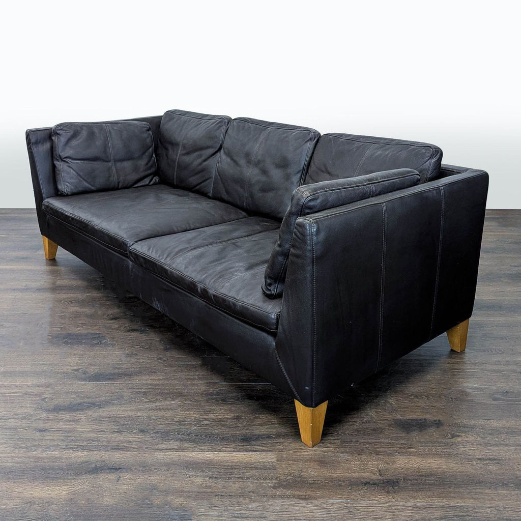 Ikea 3-Seat Dark Leather Sofa with Wooden Legs