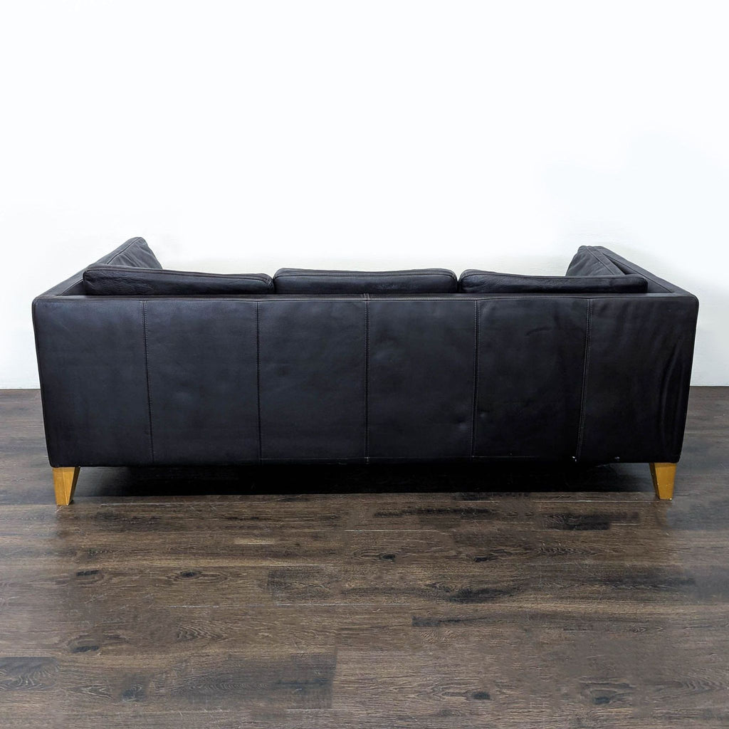 Ikea 3-Seat Dark Leather Sofa with Wooden Legs