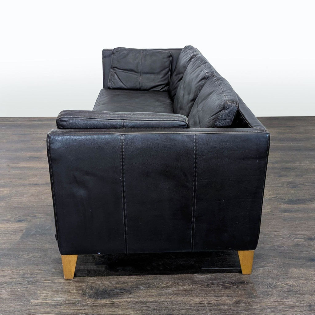 Ikea 3-Seat Dark Leather Sofa with Wooden Legs