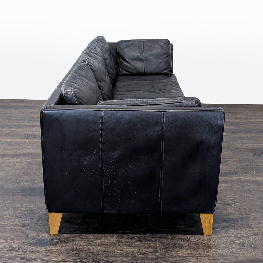 Ikea 3-Seat Dark Leather Sofa with Wooden Legs