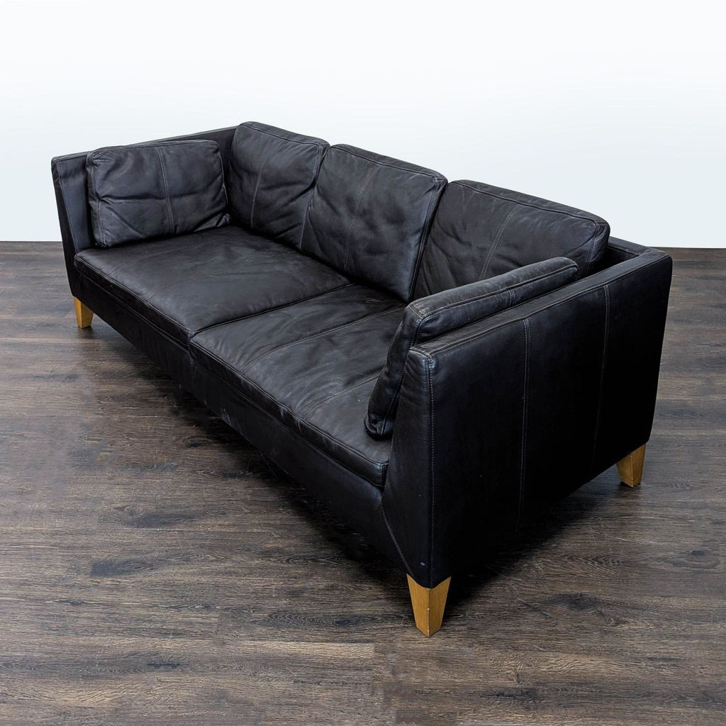 Ikea 3-Seat Dark Leather Sofa with Wooden Legs