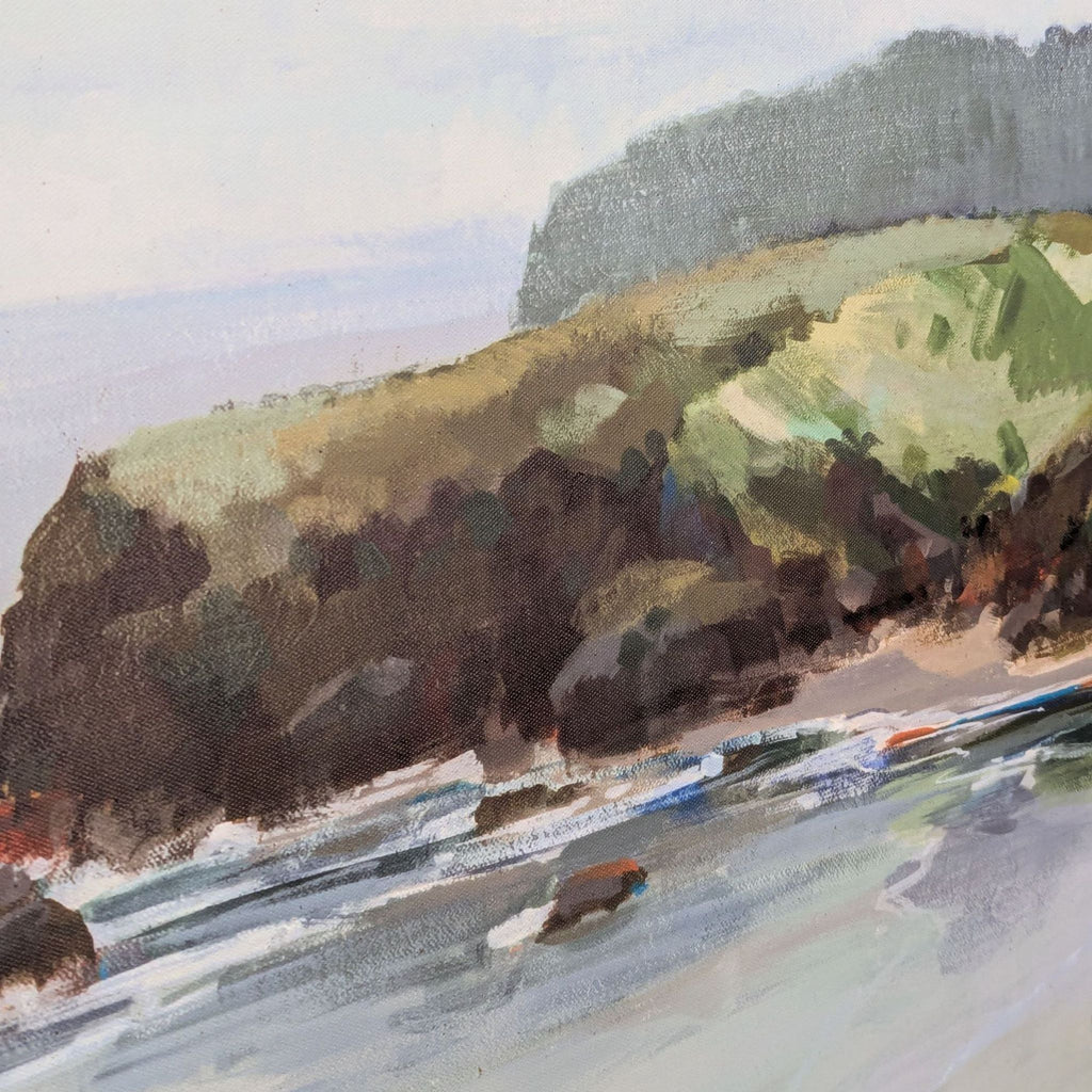 2. Close-up of a painted print's green hills and shoreline, highlighting brushstrokes and canvas texture.