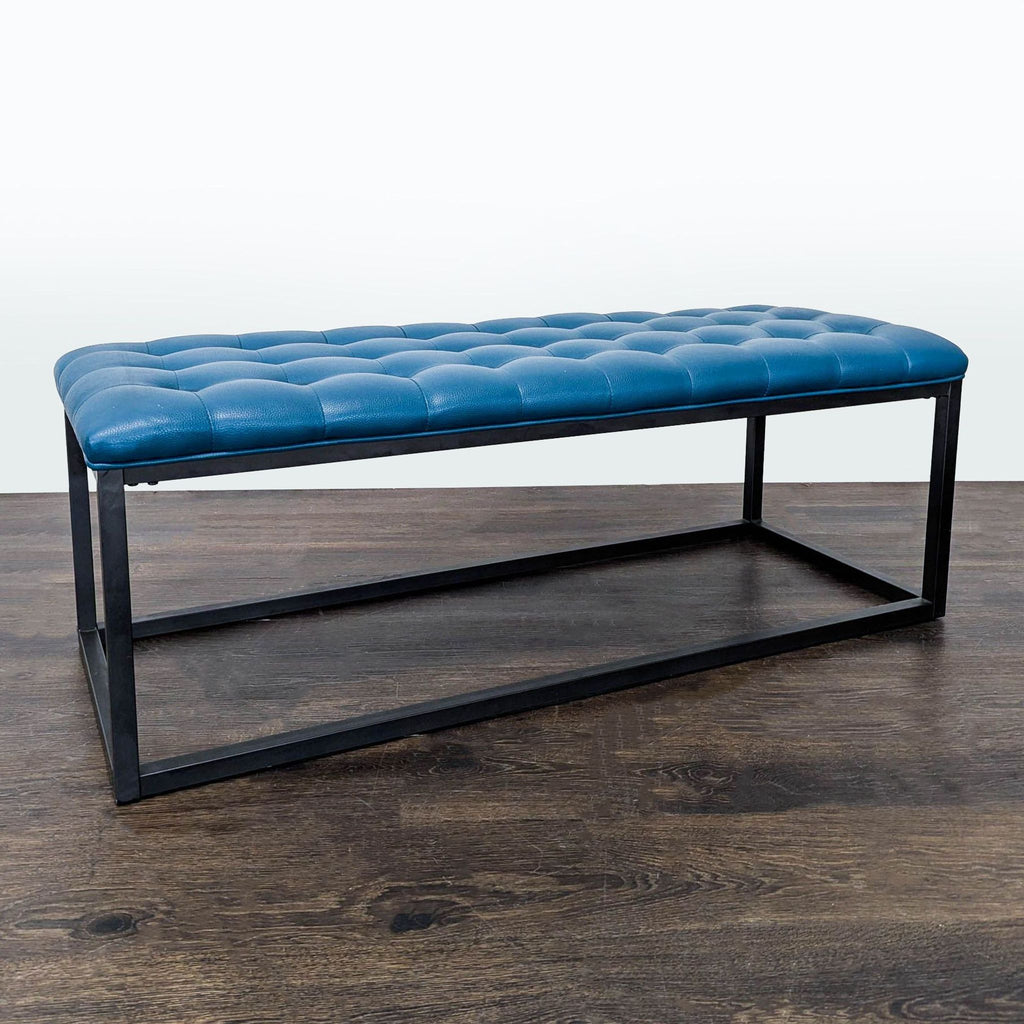 Button Tufted Leather Bench on Metal Frame