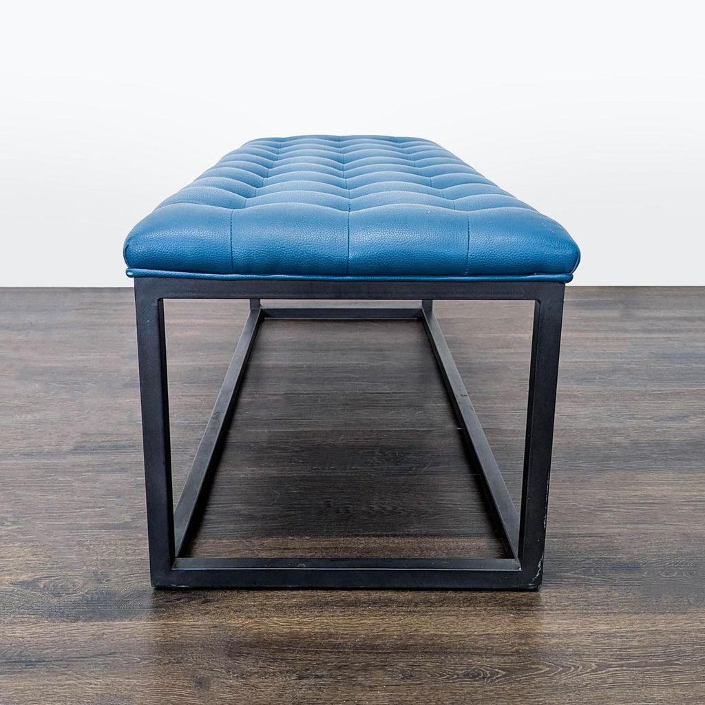 Button Tufted Leather Bench on Metal Frame