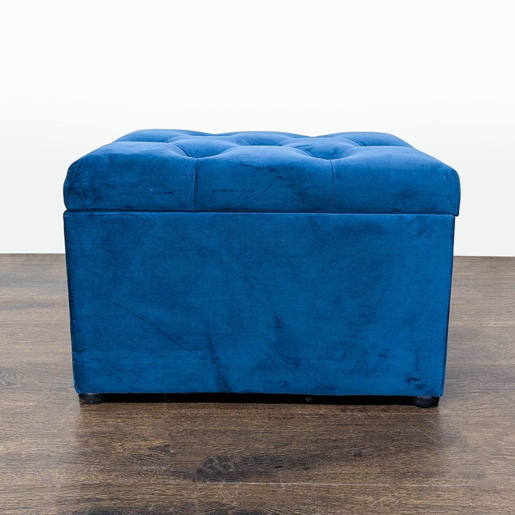 Tufted ottoman with cushioned seat and lift-up lid revealing hidden storage space.