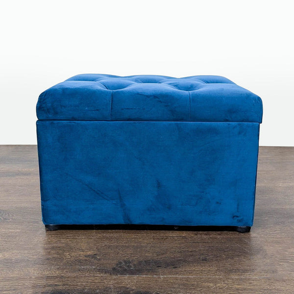 Tufted ottoman with cushioned seat and lift-up lid revealing hidden storage space.