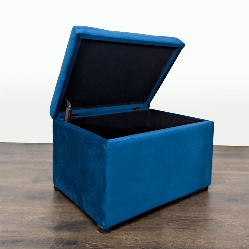 Storage bench with comfortable tufted top and hinged lid for extra seating and organization.