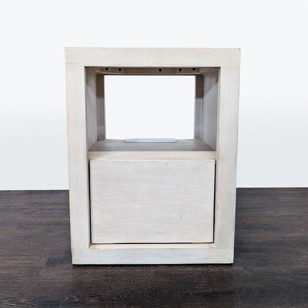 Pottery Barn biscotti-finish mango wood nightstand with one drawer and open shelf.