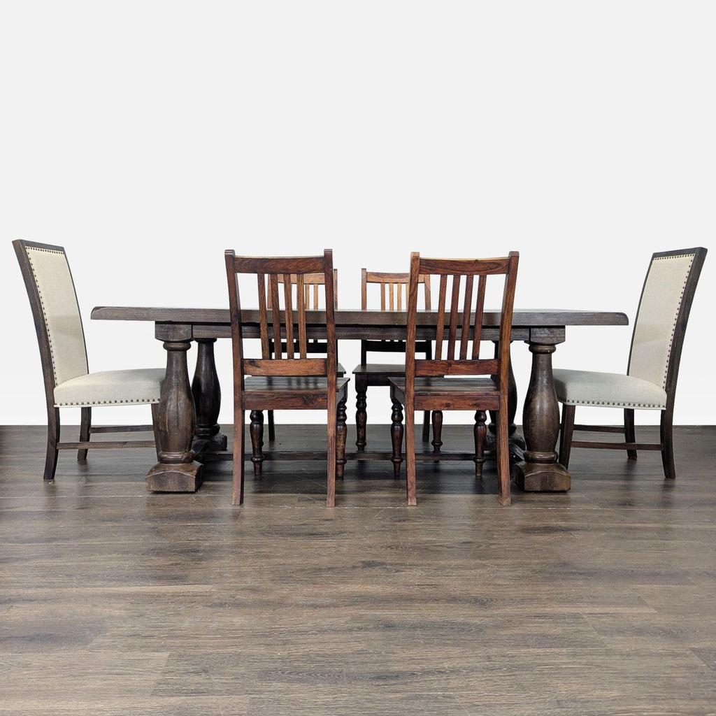 1. Dining set with a rustic wood table, four wooden chairs, and two upholstered chairs with nailhead trim.  