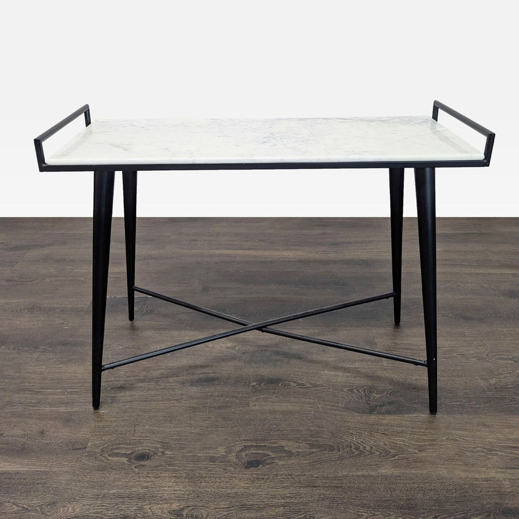 1. Rectangular console table with white marble top, slender black metal legs, and raised side handles.
