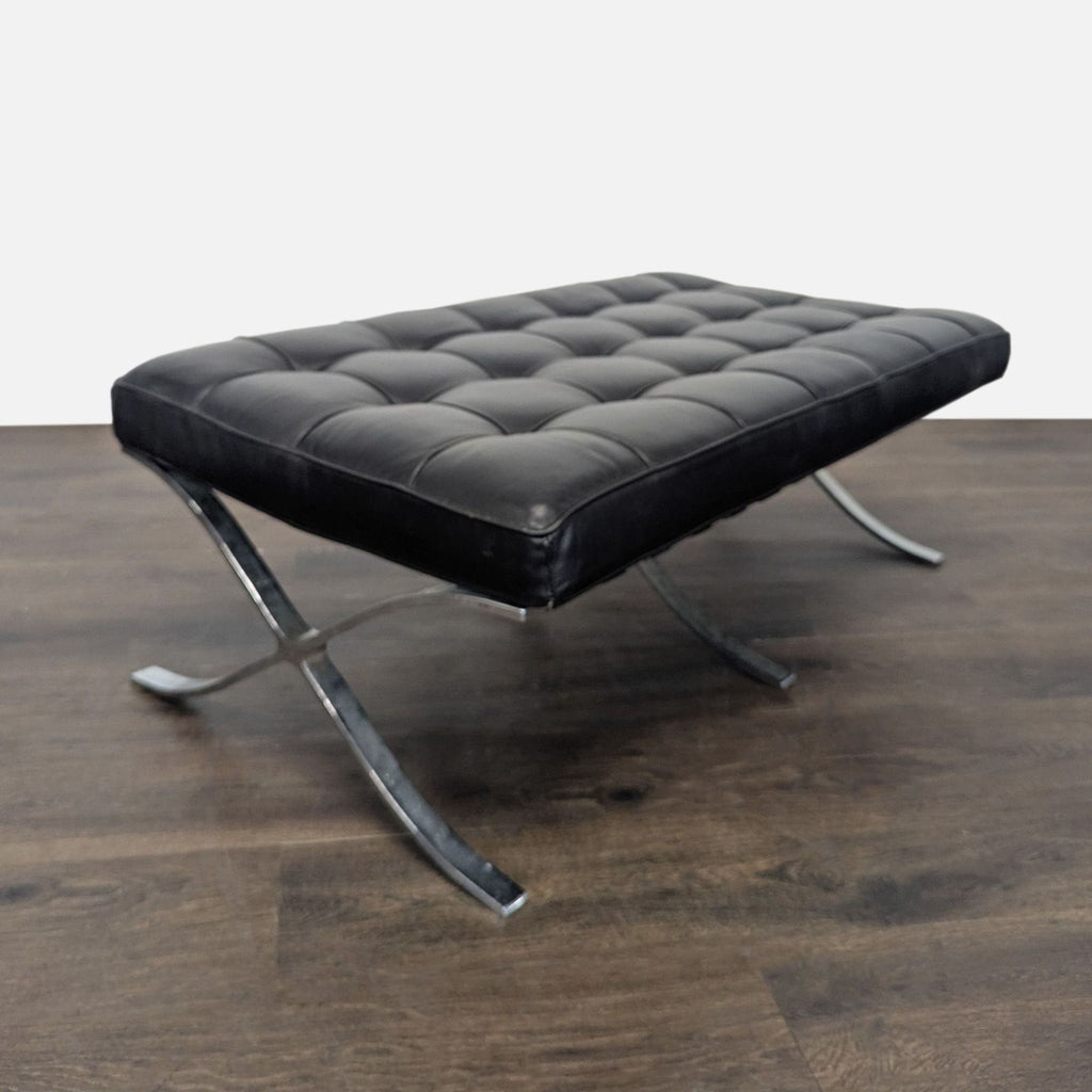 Contemporary bench stool featuring a padded cushion, leather strap details, and shiny chrome X-leg base.  