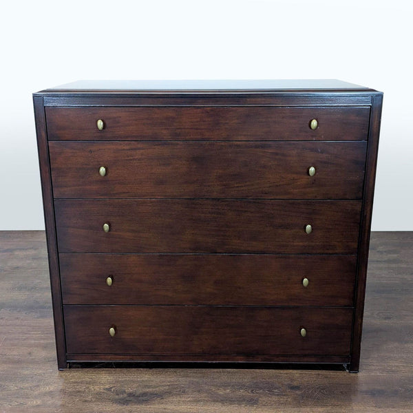Restoration Hardware dresser with dark wood finish, five drawers, and brass knobs; elegant and functional.