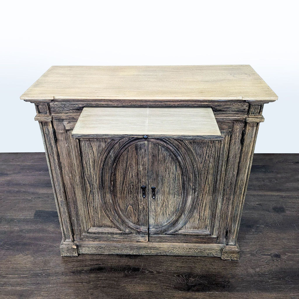 Wooden cabinet in the Cabinet category, showcasing an oval front door design and a convenient tray on top.