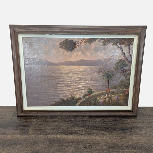 1. Framed J. Andre painting of a Mediterranean sunset with colorful garden, stone terrace, and distant mountains.