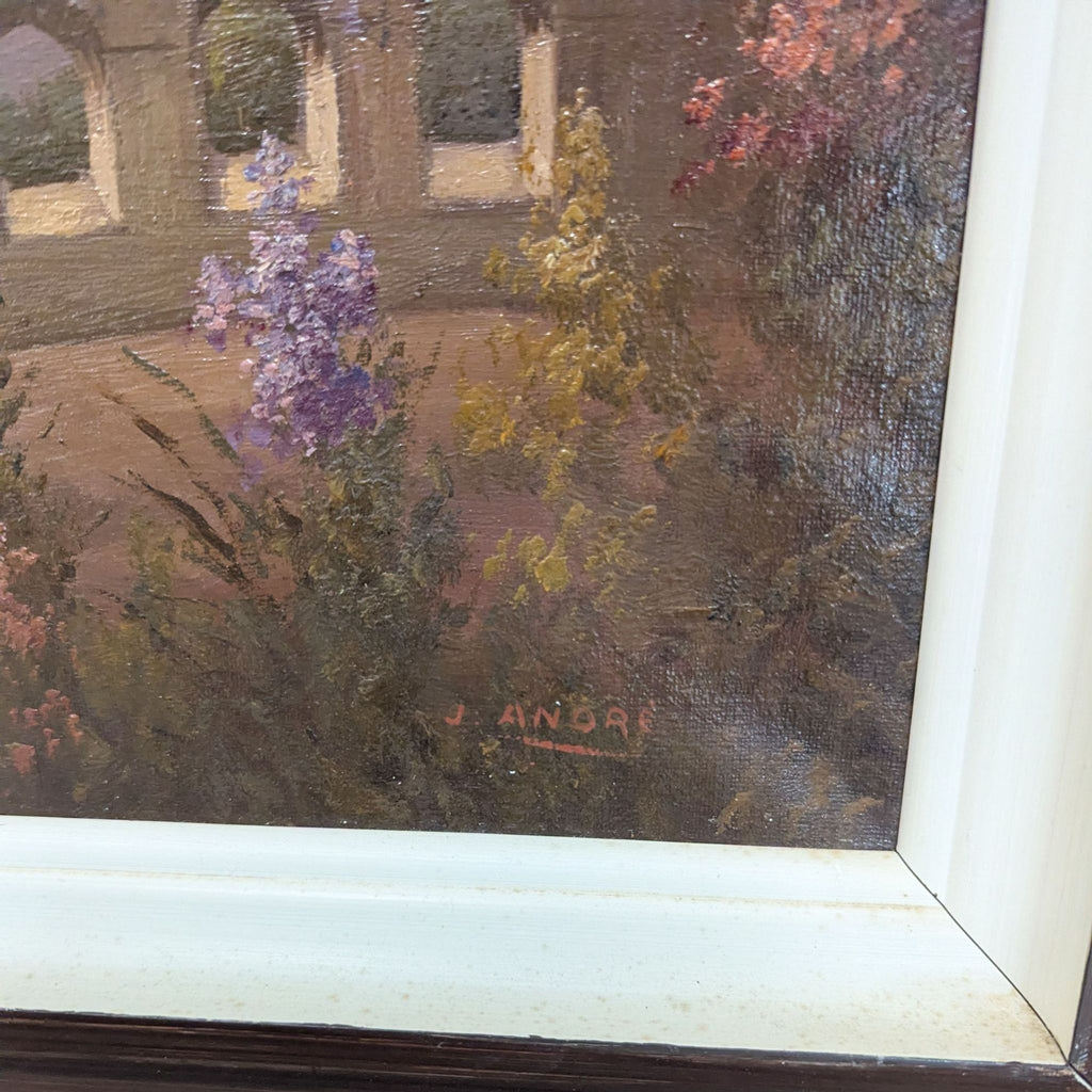 2. Peaceful landscape painting by J. Andre showing a flower garden, stone terrace, and sunset in a wooden frame.