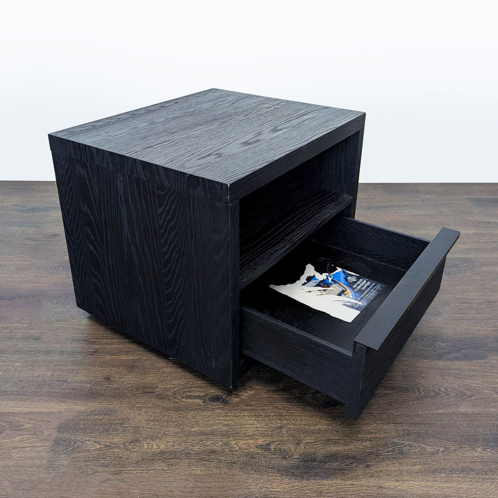 End table by Van Thiels featuring natural American white oak, sleek metal hardware, and clean, rustic lines.