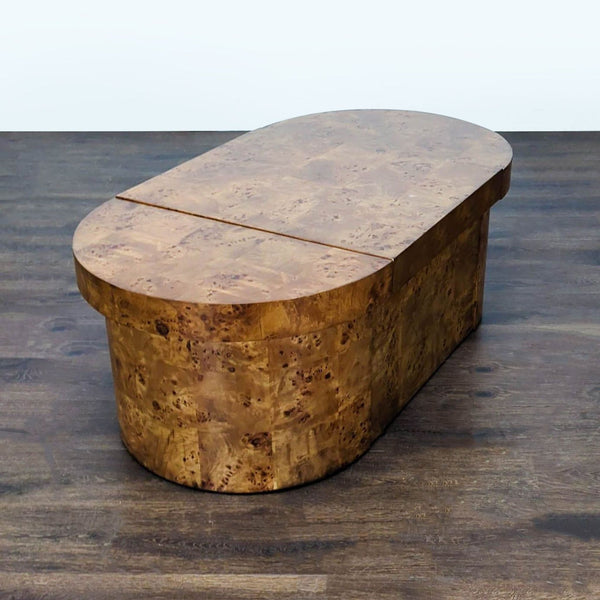 Frontgate modular coffee table set with burl wood finish, two nestable half-moon stools, and oval design.