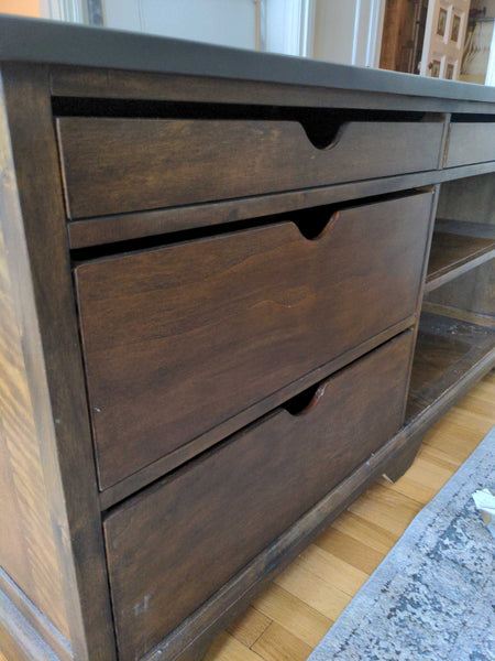 Wood and metal topped media credenza in good condition, suitable as a side or console table.  
