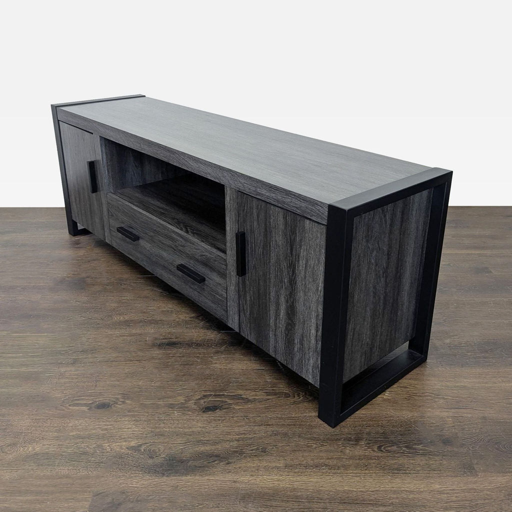 Sturdy TV stand with metal accents, steel supports, and a modern industrial look; ideal for living rooms.