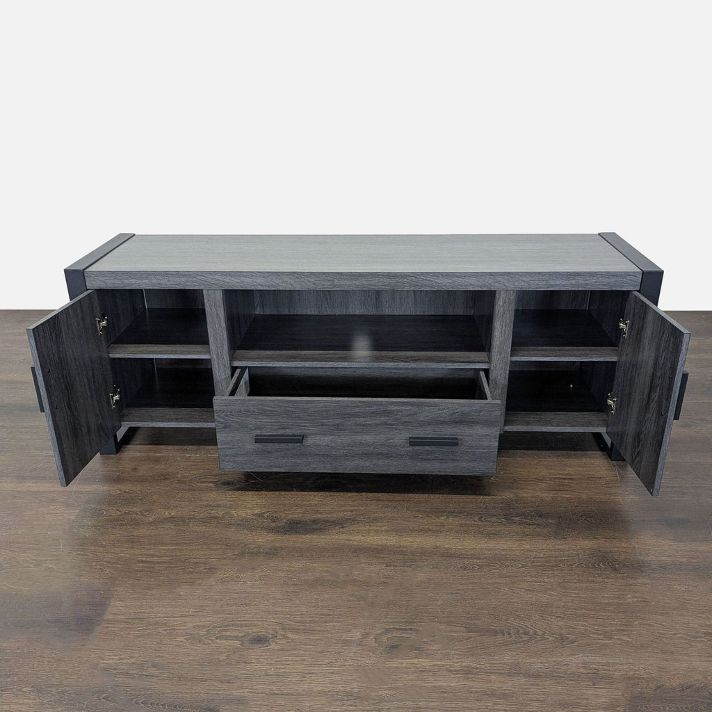 Walker Edison entertainment center featuring powder-coated steel sides and manufactured wood with laminate finish.