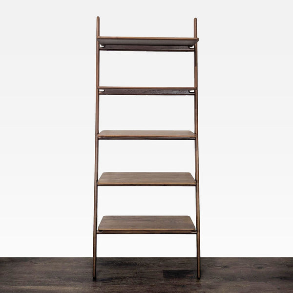 Wooden ladder bookshelf with five shelves for books or decor, showcasing minimalist design and natural finish.  