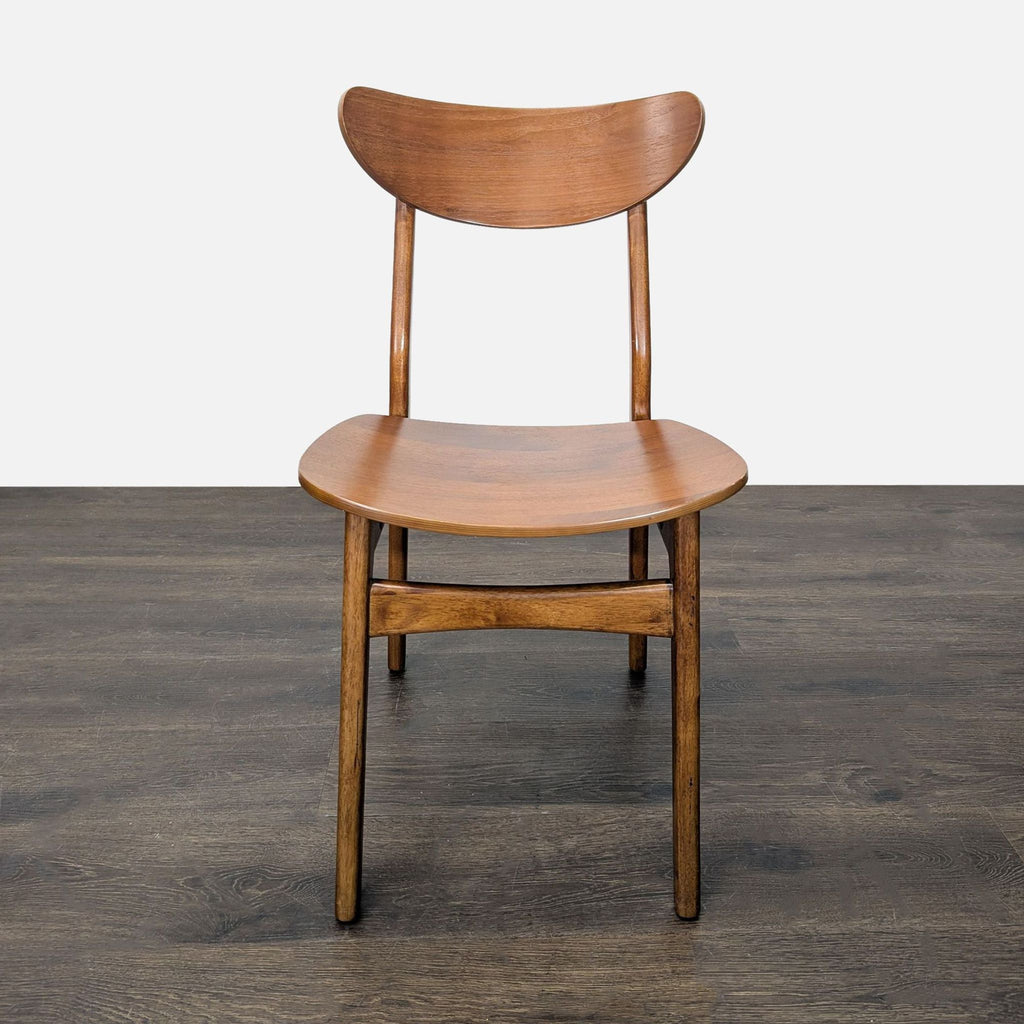 Stylish mid-century West Elm dining set: wooden extendable table, six Café chairs, warm wood tone.