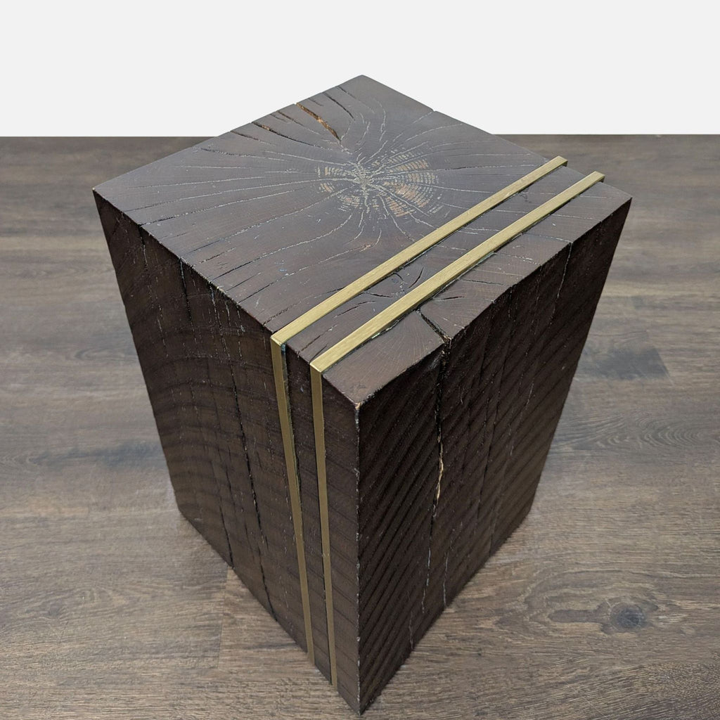 Solid Wood Block Accent Table with Metal Banding