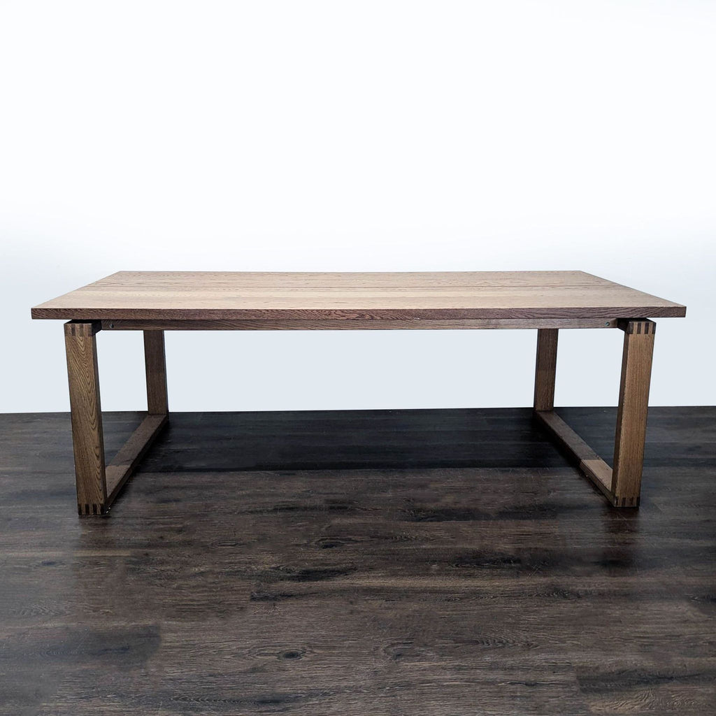 Oak veneer dining table with plank-style surface from Ikea.  
