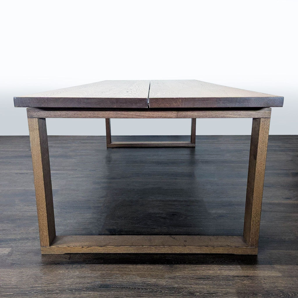 Plank-design dining table in oak veneer, Ikea brand.