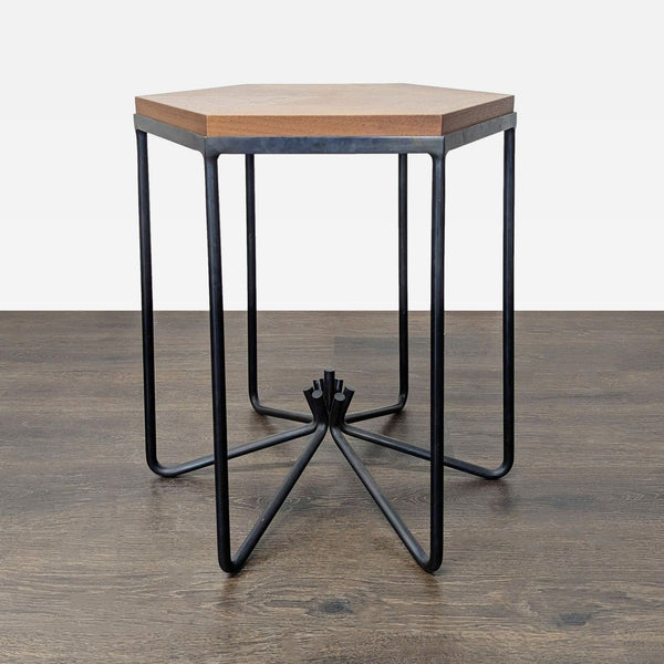 1. Hexagonal side table with a metal base and wooden top, designed for modern interiors.