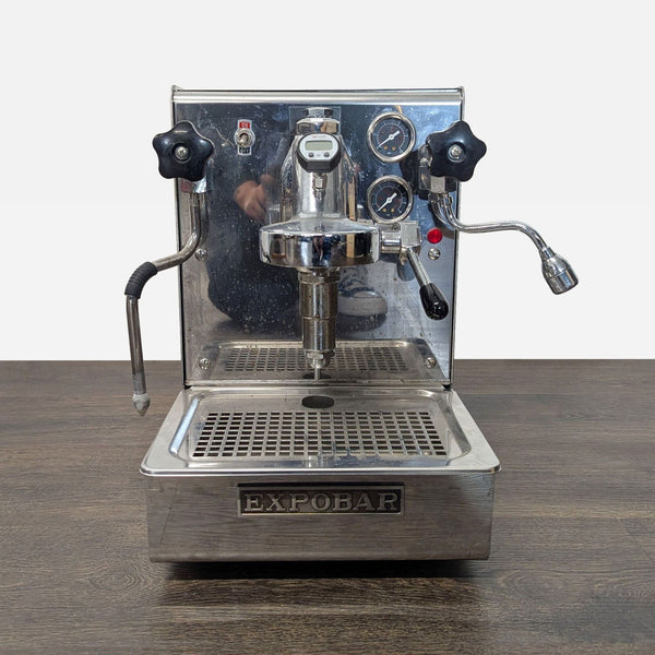 Expobar stainless steel espresso machine with controls, pressure gauges, and steam wand for professional coffee.